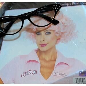 Pink Curly Bob Wig Frenchie Grease 50s Costume Cateye Glasses Hair Leg Avenue